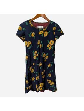 90s Petite Sophisticate Navy Yellow Daisy Sunflower Floral Dress Sz 6
